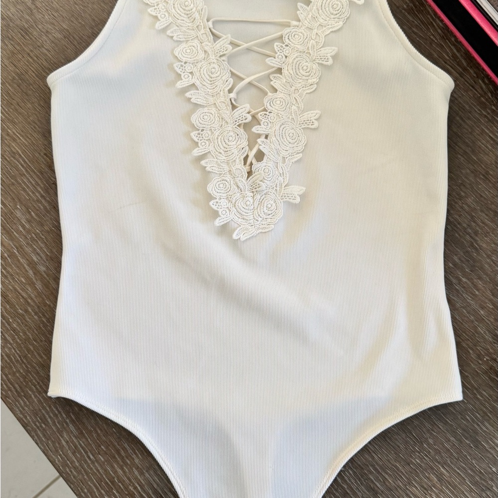 Express White Lace-Trimmed Bodysuit